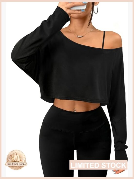 Tops - Off Shoulder Long Sleeve Crop Top Spaghetti Strap Y2K Going Out Top